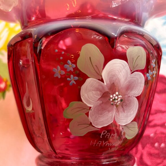 Fenton Glass Basket Cranberry Opalescent Open Heart Arches Bill and George - Picture 5 of 13